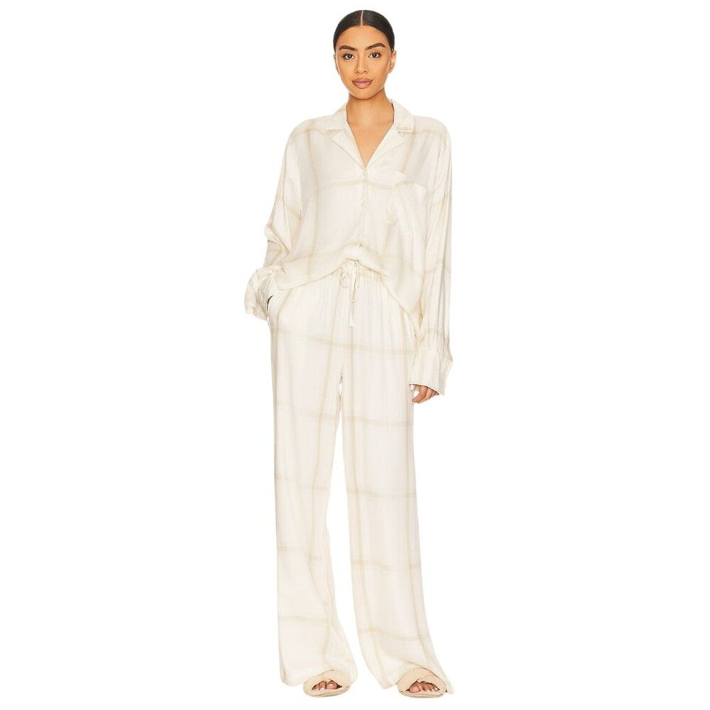 WeWoreWhat Brushed Flannel Button Up & Drawstring Pull On Pant Set in Ecru XSmal